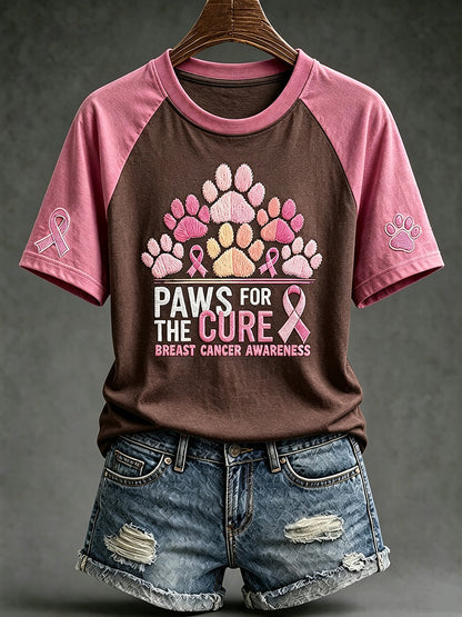 T-shirt décontracté à manches courtes, motif canin mignon avec le slogan «Paws For The Cure» sur le thème du cancer du sein chez la femme