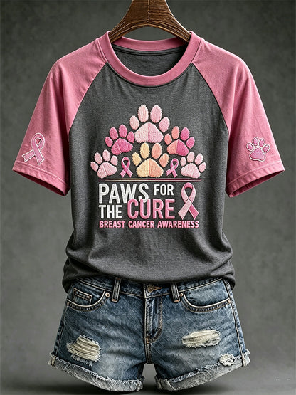 T-shirt décontracté à manches courtes, motif canin mignon avec le slogan «Paws For The Cure» sur le thème du cancer du sein chez la femme