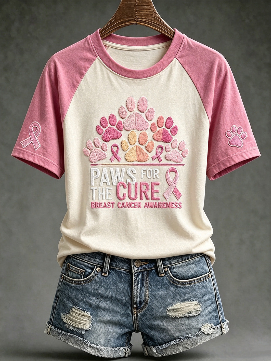 T-shirt décontracté à manches courtes, motif canin mignon avec le slogan «Paws For The Cure» sur le thème du cancer du sein chez la femme