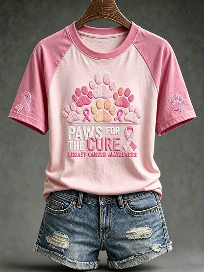 T-shirt décontracté à manches courtes, motif canin mignon avec le slogan «Paws For The Cure» sur le thème du cancer du sein chez la femme