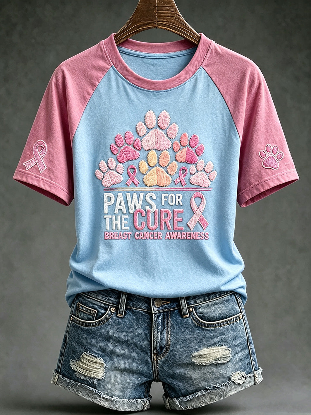 T-shirt décontracté à manches courtes, motif canin mignon avec le slogan «Paws For The Cure» sur le thème du cancer du sein chez la femme