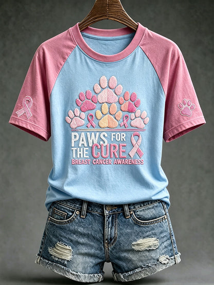 T-shirt décontracté à manches courtes, motif canin mignon avec le slogan «Paws For The Cure» sur le thème du cancer du sein chez la femme