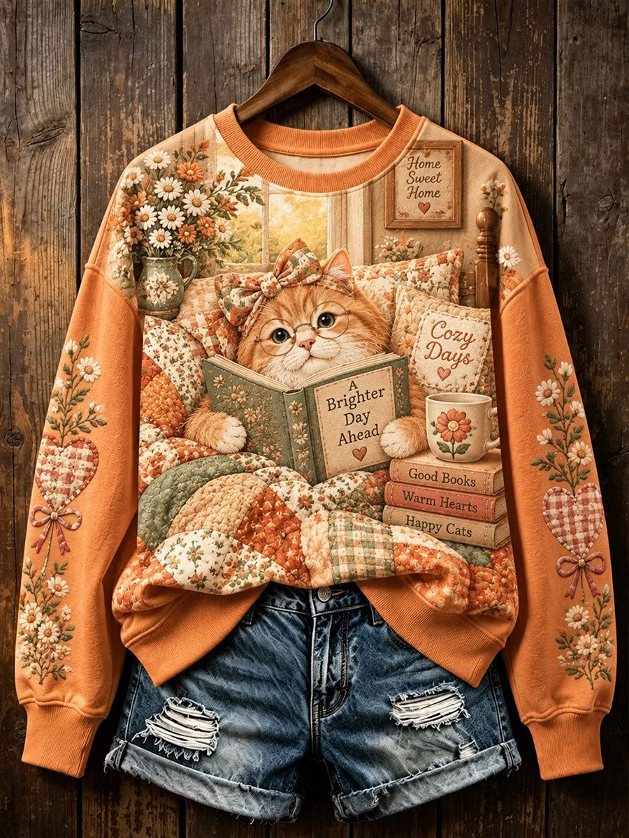 Sweat-shirt régulier de chat de lecture d'automne des femmes