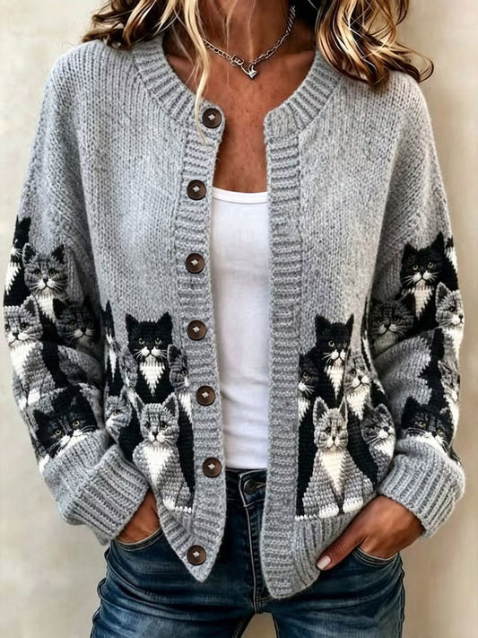 Veste en tricot à imprimé chat pour femme