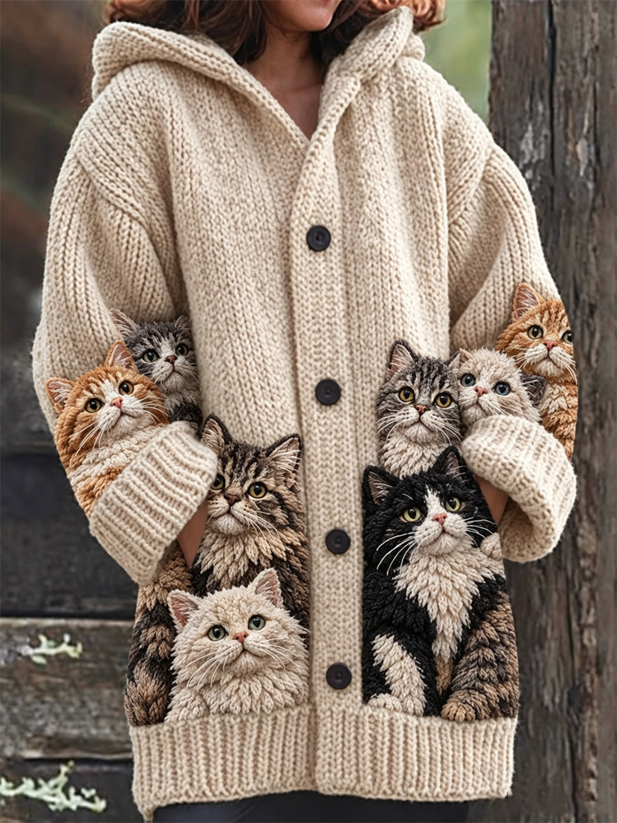 Charmant Crowded Fuzzy Chats Imprimer Cozy Cardigan long à capuche des femmes