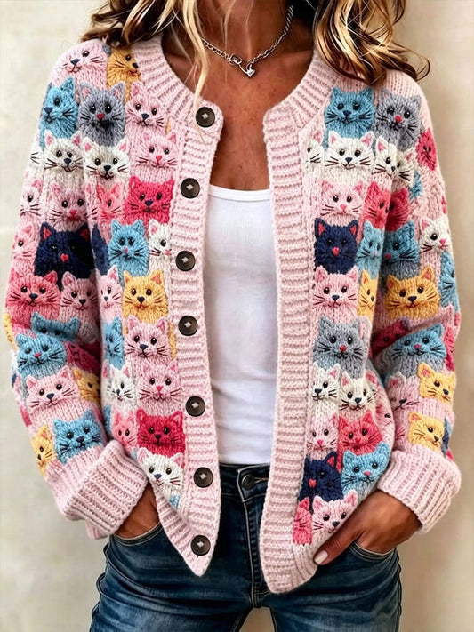 Veste en maille style cardigan à imprimé chats pour femme