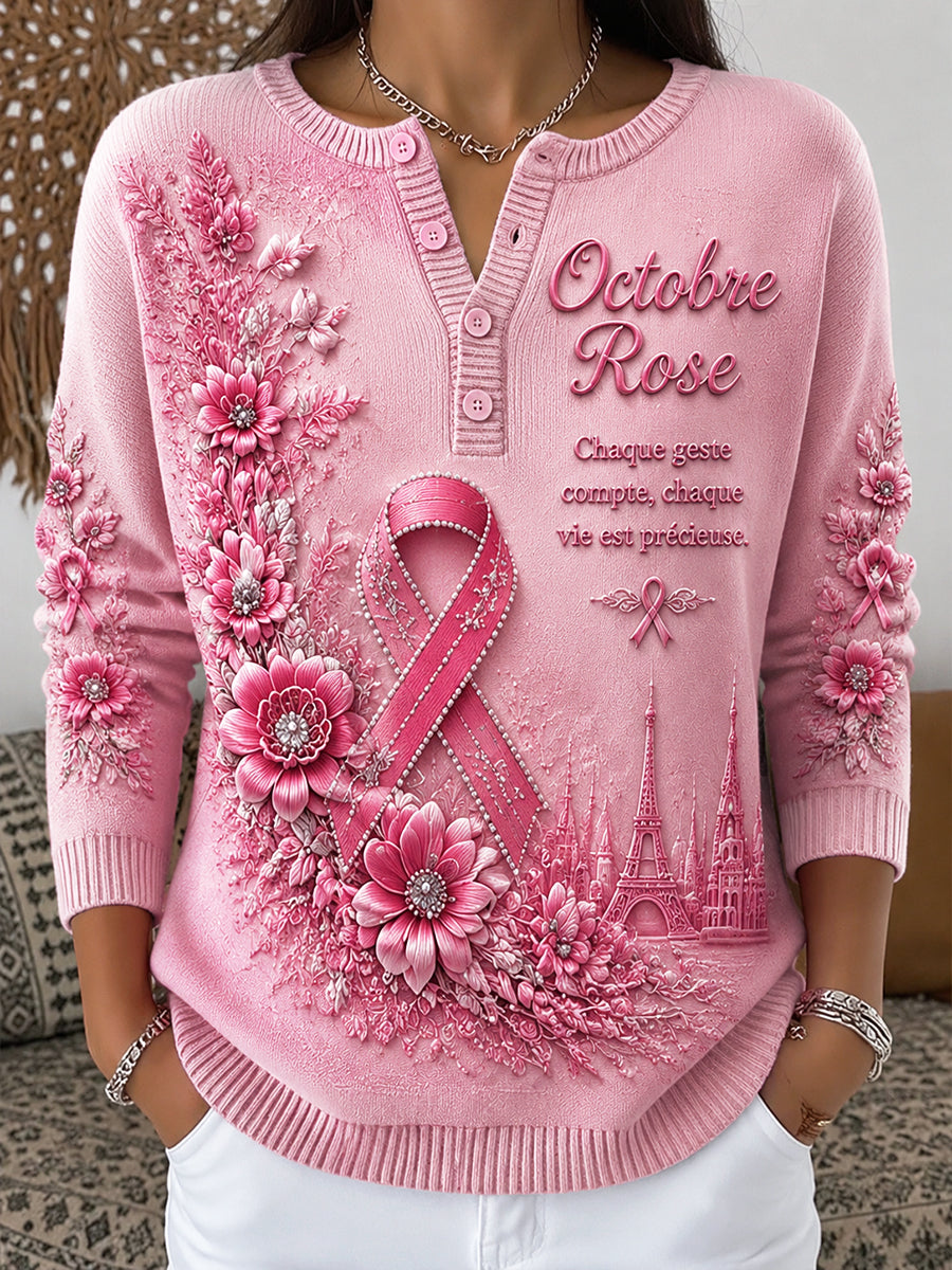Haut Décontracté Femme Rose À Col Henley Français Imprimé Cancer Du Sein