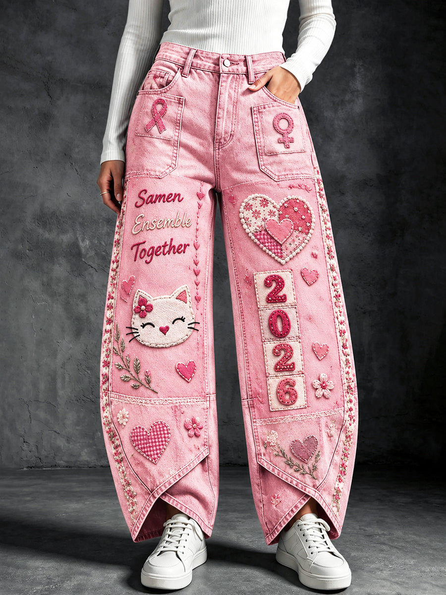 Pantalon décontracté rose pour femme, imprimé chat mignon, en lien avec le cancer du sein en France