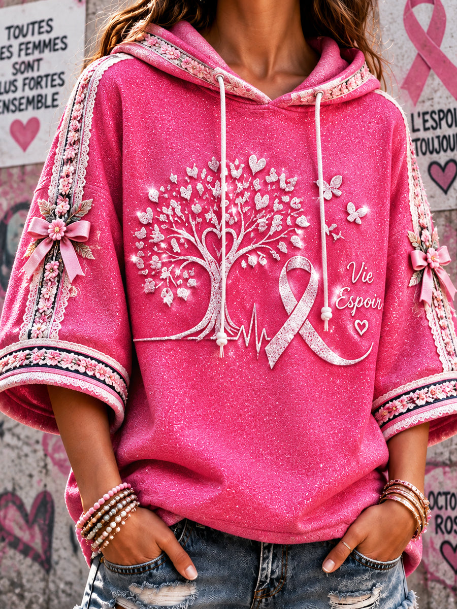 Sweat-shirt à capuche décontracté à imprimé cancer du sein français rose pour femme