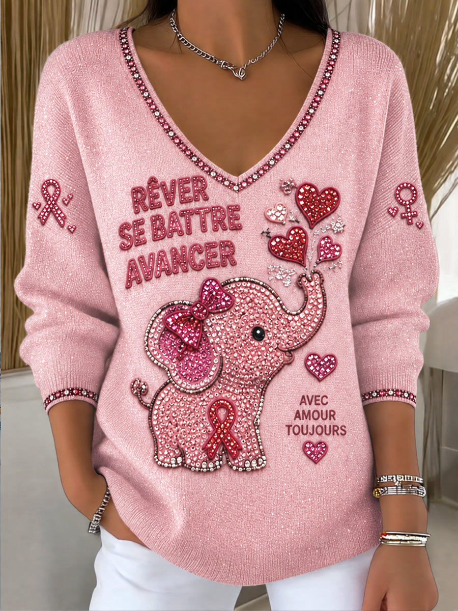 Pull décontracté à col en V, imprimé éléphant, pour la campagne contre le cancer du sein en France
