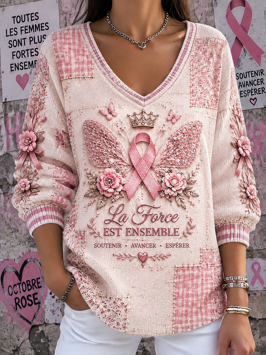 Haut décontracté à col en V pour femme, imprimé patchwork rose à thème de la lutte contre le cancer du sein