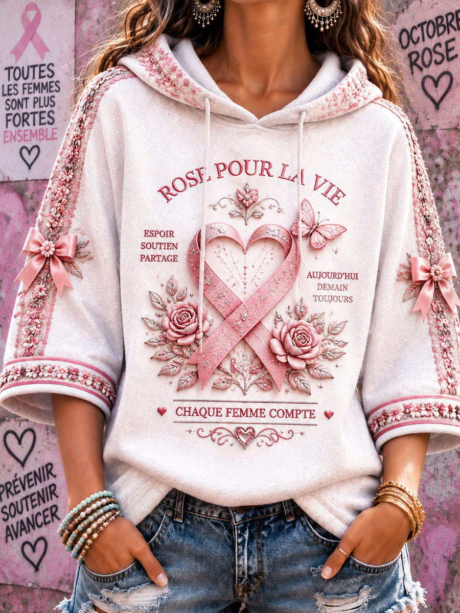Sweat-shirt à capuche décontracté pour femme, imprimé sur le thème du cancer du sein en France