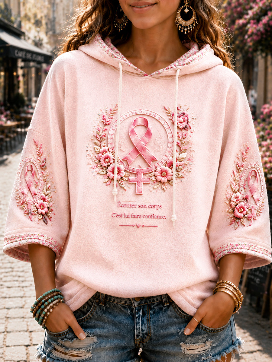 Sweat-shirt à capuche décontracté à imprimé cancer du sein français rose pour femme