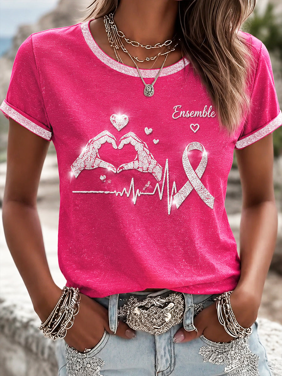 T-shirt décontracté rose pour femmes, imprimé français sur le cancer du sein