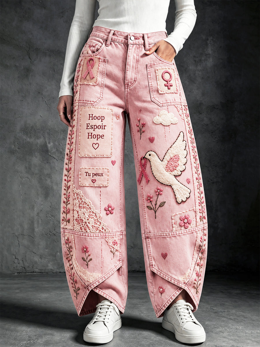 Pantalon décontracté rose pour femme, imprimé patchwork français sur le thème du cancer du sein