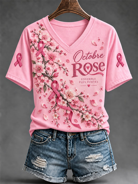 T-shirt à manches courtes de la campagne de sensibilisation au cancer du sein «Octobre rose» en France pour femmes