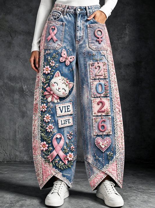 Pantalon décontracté pour femme en effet denim, style français, imprimé patchwork sur le thème du cancer du sein