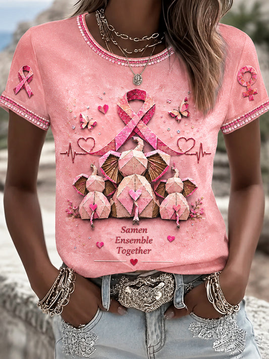 T-shirt décontracté rose pour femmes, imprimé en 3D sur le thème du cancer du sein français