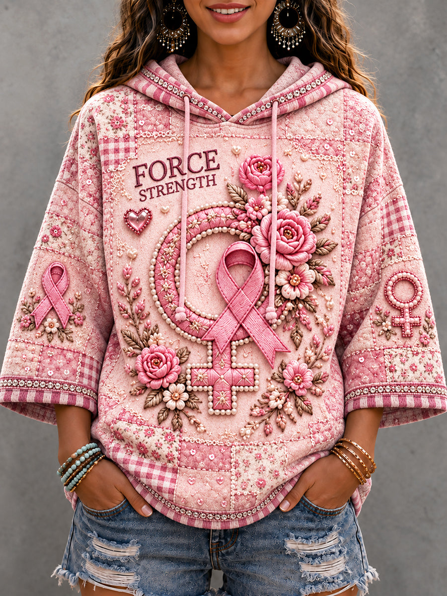 Sweat à capuche décontracté pour femme, imprimé patchwork sur le thème du cancer du sein en France