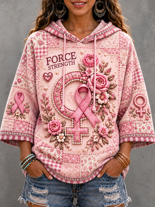 Sweat à capuche décontracté pour femme, imprimé patchwork sur le thème du cancer du sein en France