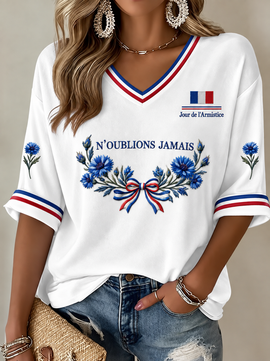 T-shirt femme imprimé N'OUBLIONS JAMAIS à manches mi-longues et col en V