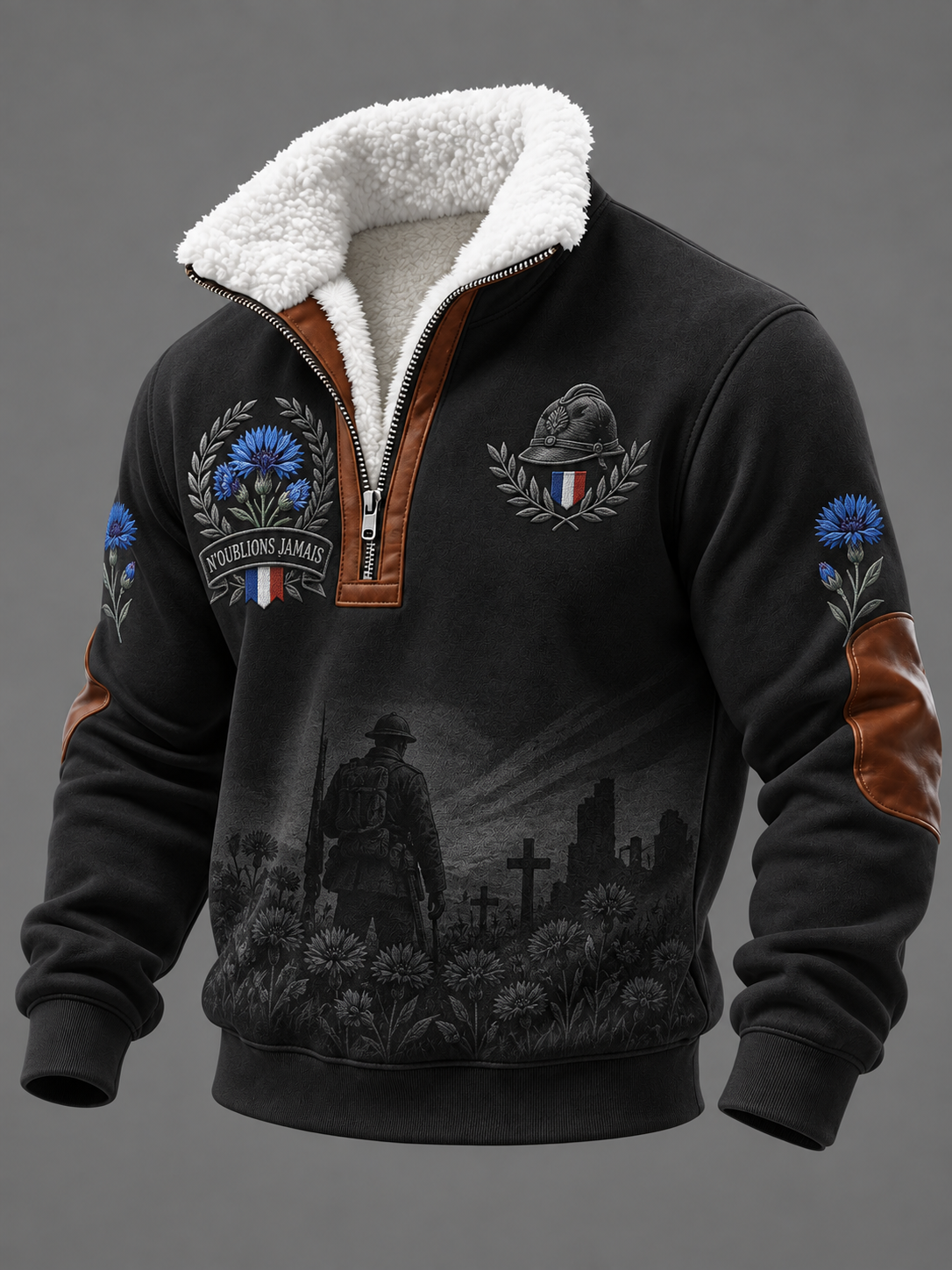Chemise en peluche à col montant imprimée «N'OUBLIONS JAMAIS» pour homme