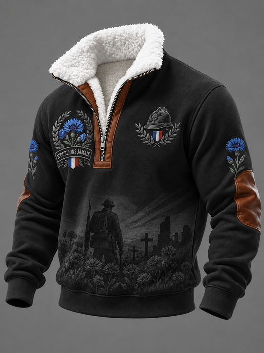 Chemise en peluche à col montant imprimée «N'OUBLIONS JAMAIS» pour homme