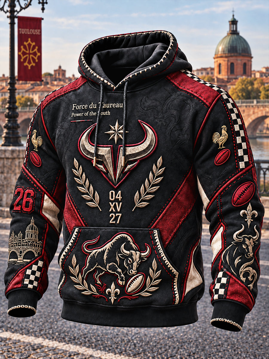 Sweat-shirt à capuche décontracté à imprimé patchwork de Toulouse de rugby français noir pour homme