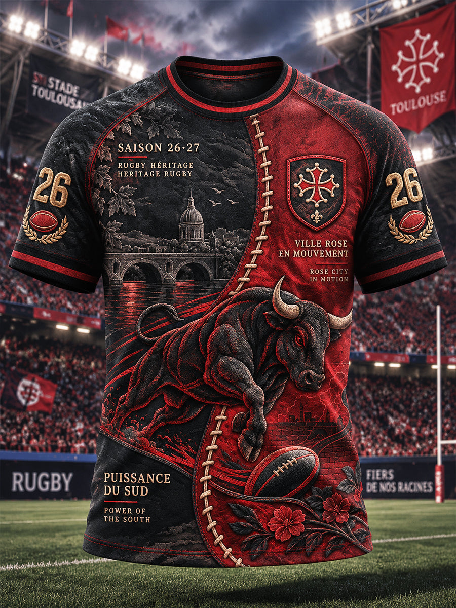 T-shirt décontracté à imprimé patchwork Toulouse Bulls de rugby français pour hommes