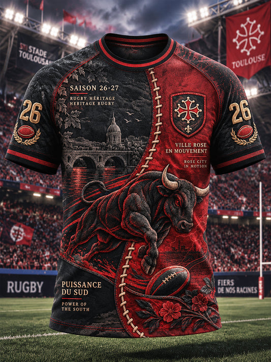 T-shirt décontracté à imprimé patchwork Toulouse Bulls de rugby français pour hommes