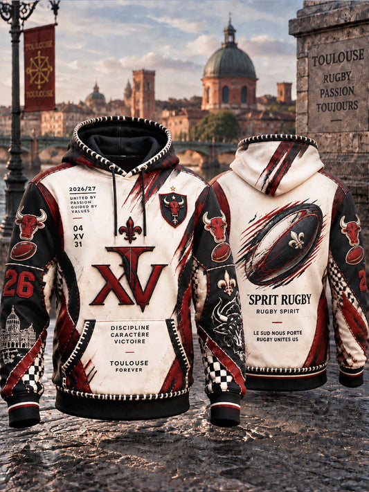 Sweat-shirt à capuche décontracté pour hommes, French Rugby Toulouse Patchwork Print