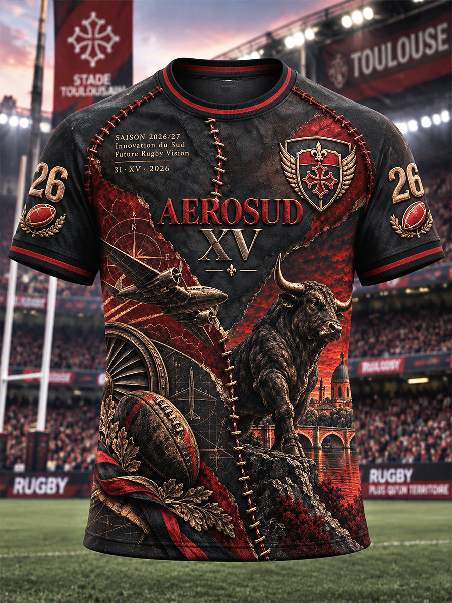 T-shirt décontracté à imprimé patchwork de Toulouse Bulls de rugby français vintage pour hommes