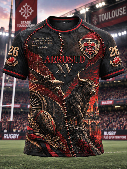 T-shirt décontracté à imprimé patchwork de Toulouse Bulls de rugby français vintage pour hommes