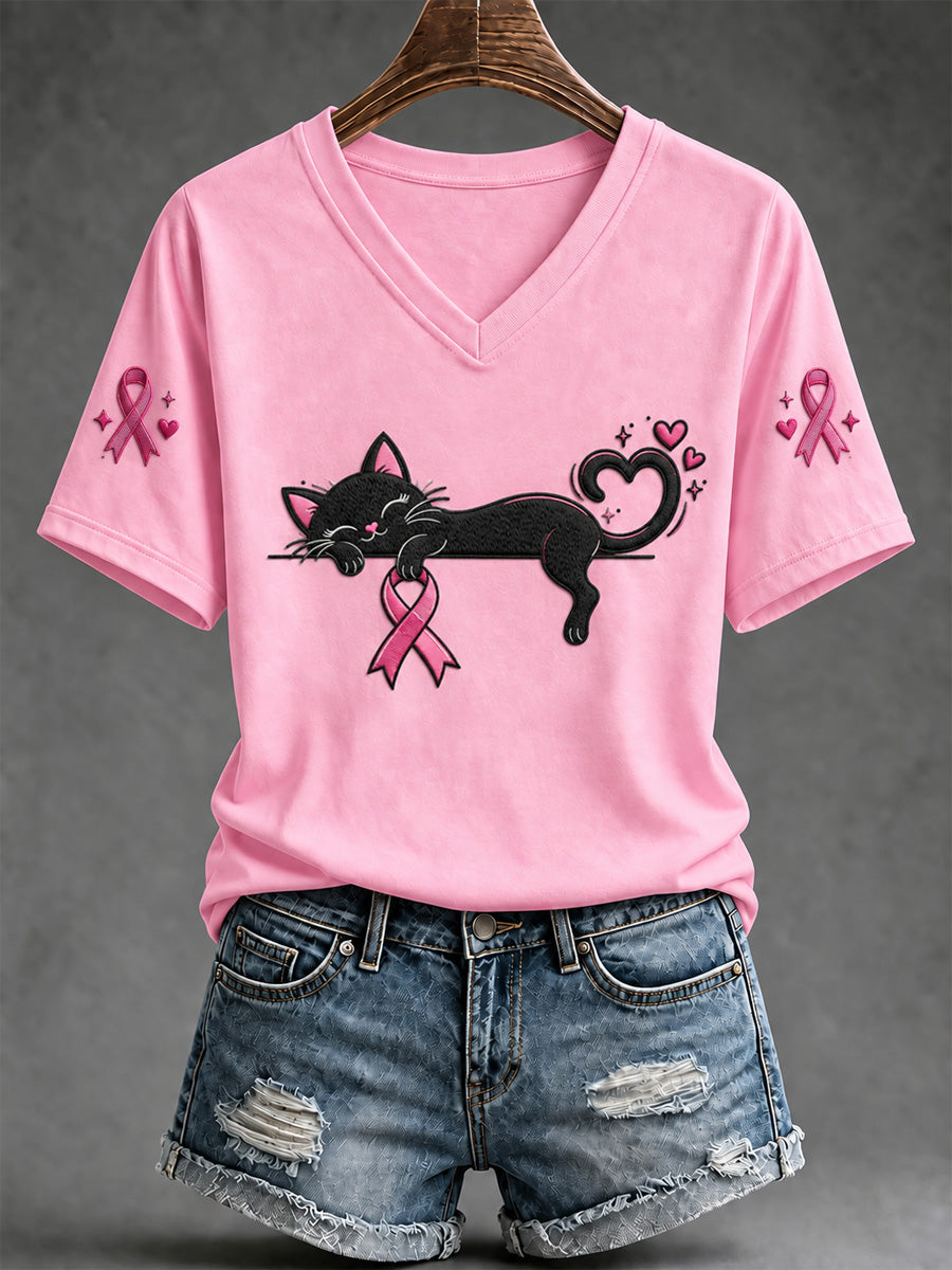 T-shirt à col en V imprimé de sensibilisation au cancer du sein pour femmes