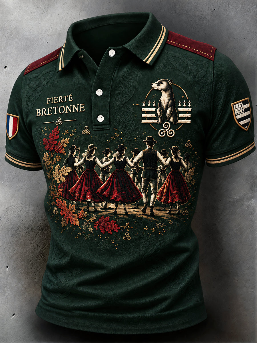 Polo décontracté à imprimé patchwork Fest-Noz French Brittany vert profond pour homme