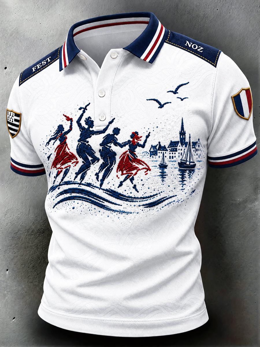 Polo décontracté blanc pour homme, imprimé style breton, idéal pour les fest-noz