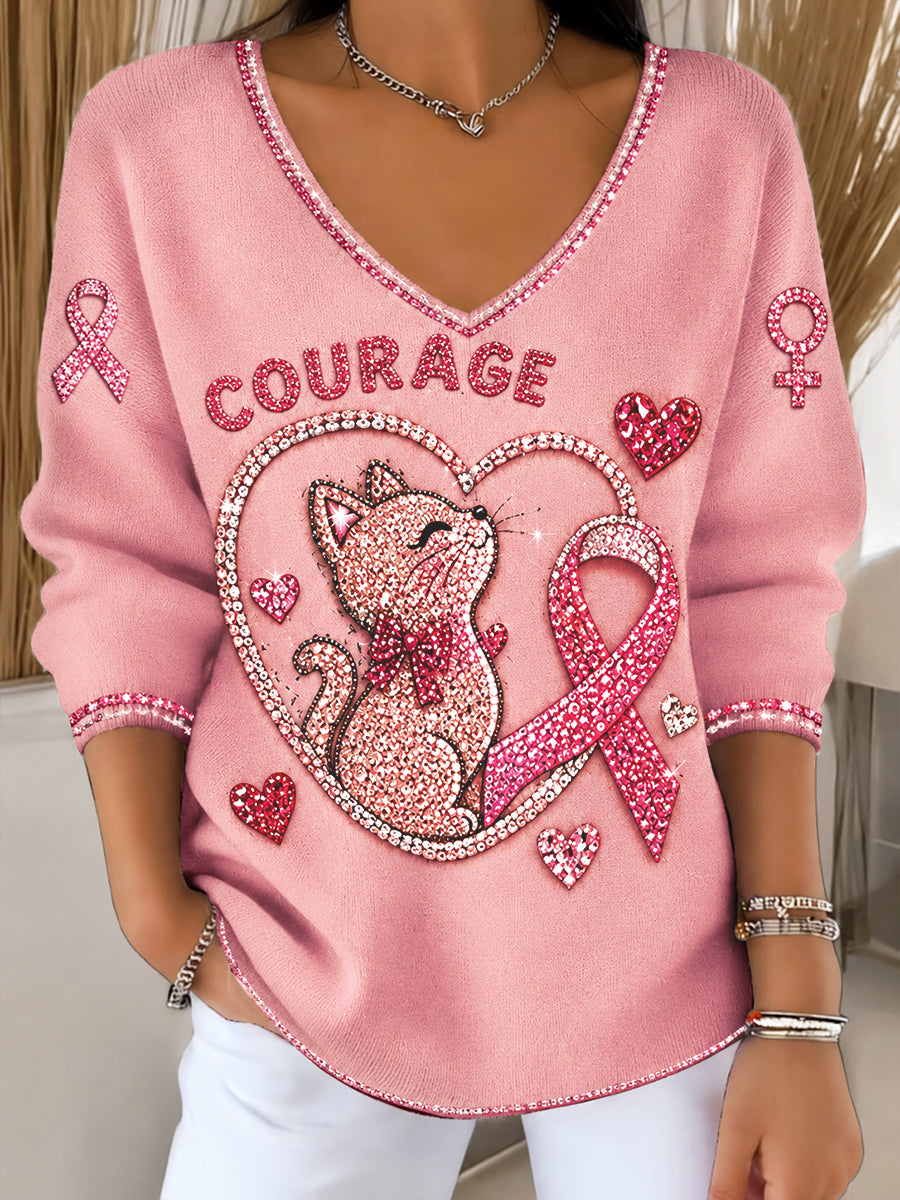 Pull Femme Rose Français Cancer Du Sein Mignon Chaton Imprimé Décontracté Col V