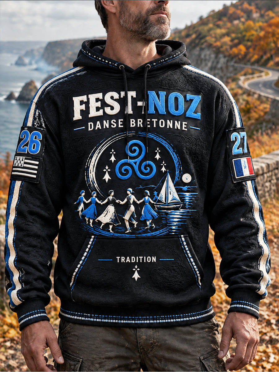 Sweat-shirt Homme Noir Breton Français Imprimé Fest-Noz