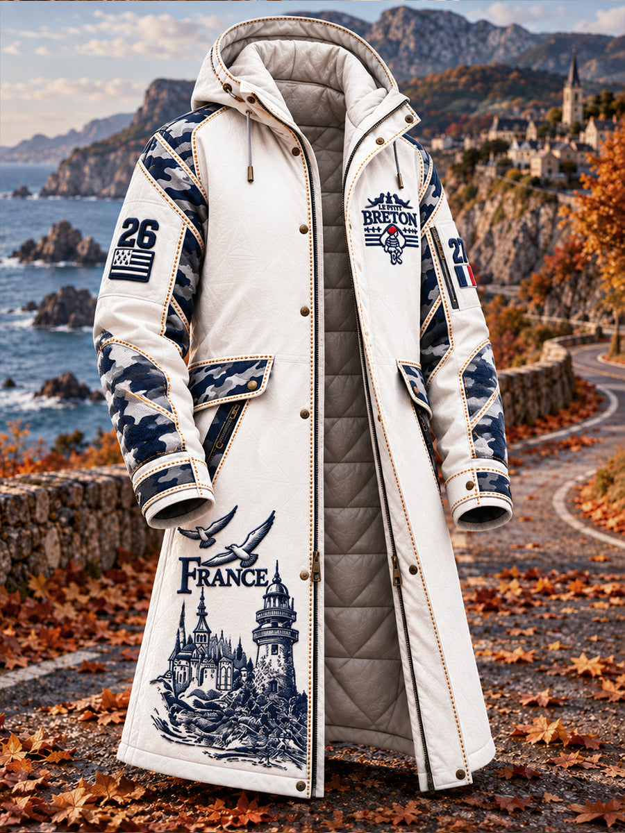 Veste Longue Homme Blanche Style Breton Fest-Noz Patchwork Imprimé