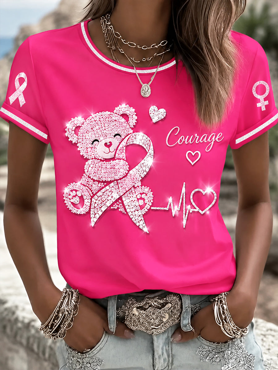 T-shirt décontracté imprimé ours mignon de sensibilisation au cancer du sein français pour femmes