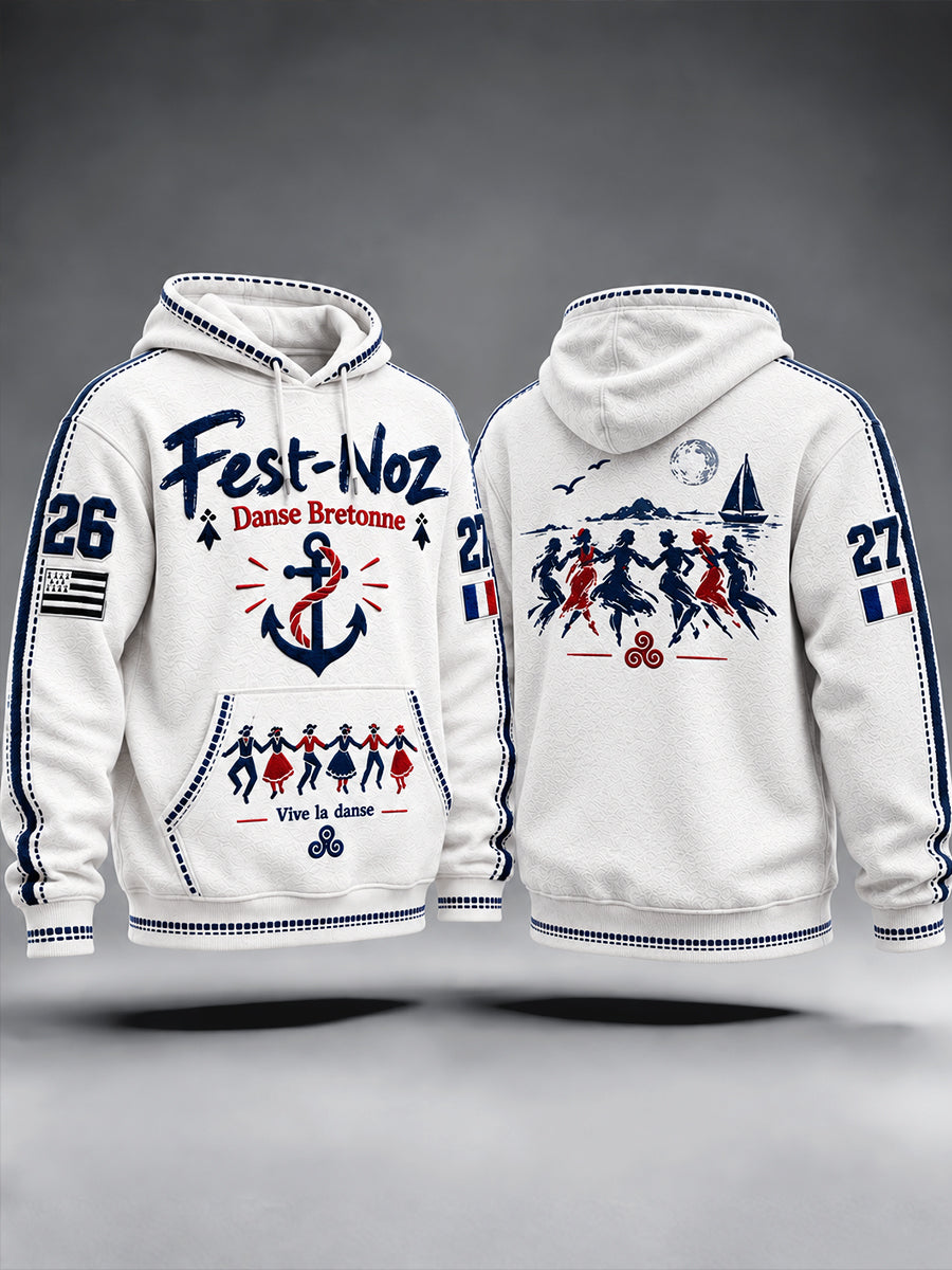 Sweat Homme Décontracté Blanc Style Breton Fest-Noz Imprimé