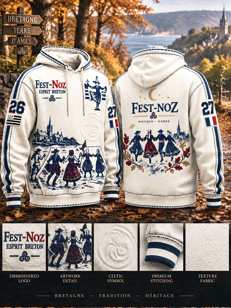 Sweat à capuche décontracté homme écru French Brittany Fest-Noz automne