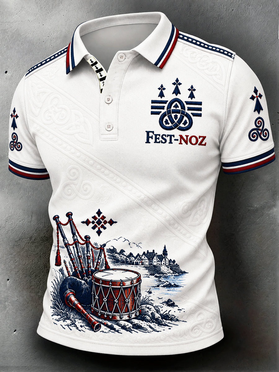 Polo décontracté blanc à imprimé minimaliste, style fest-noz breton français pour homme