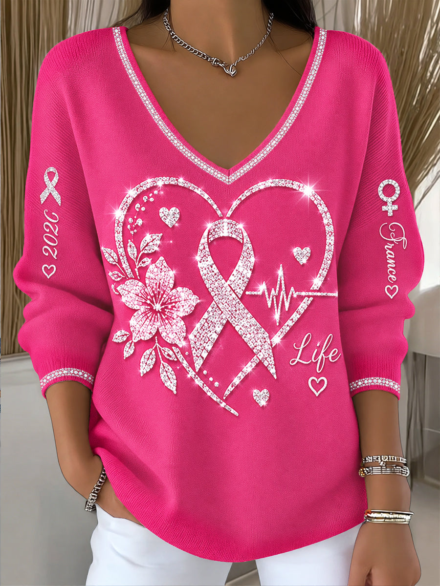 Pull Femme Rose À Col V Français Imprimé Cancer Du Sein Décontracté