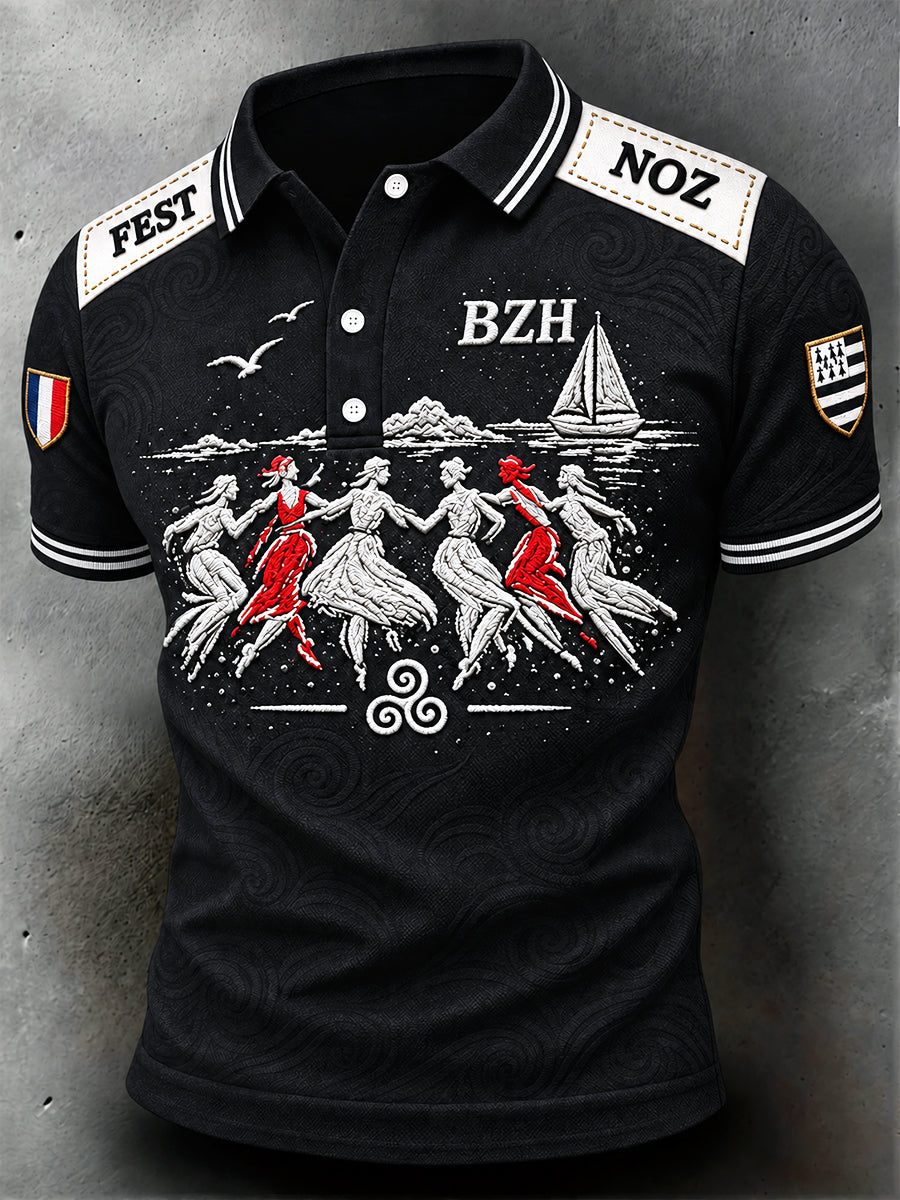 Polo Homme Noir Français Breton Fest-Noz Patchwork Imprimé