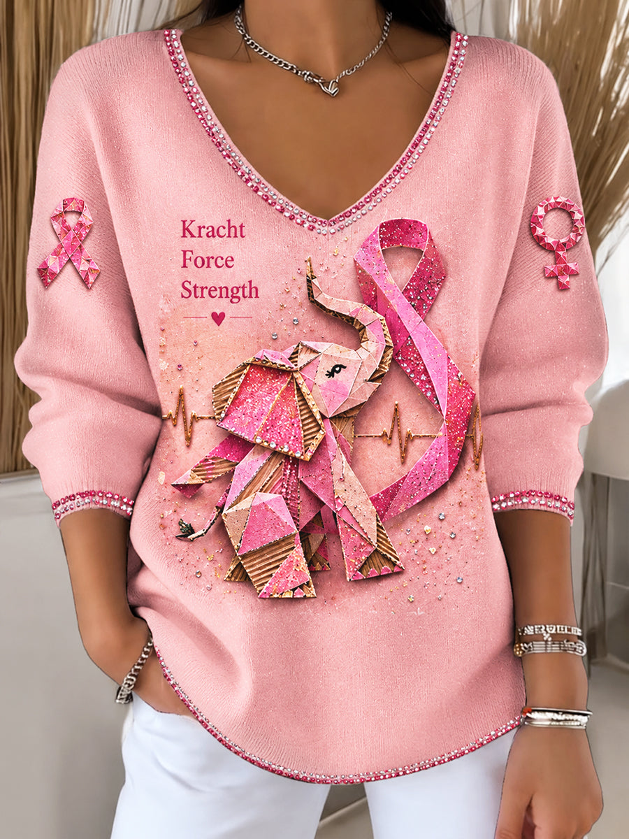 Femme Rose Français Cancer Du Sein Sensibilisation Mignon Éléphant Imprimer Casual V-cou Pull