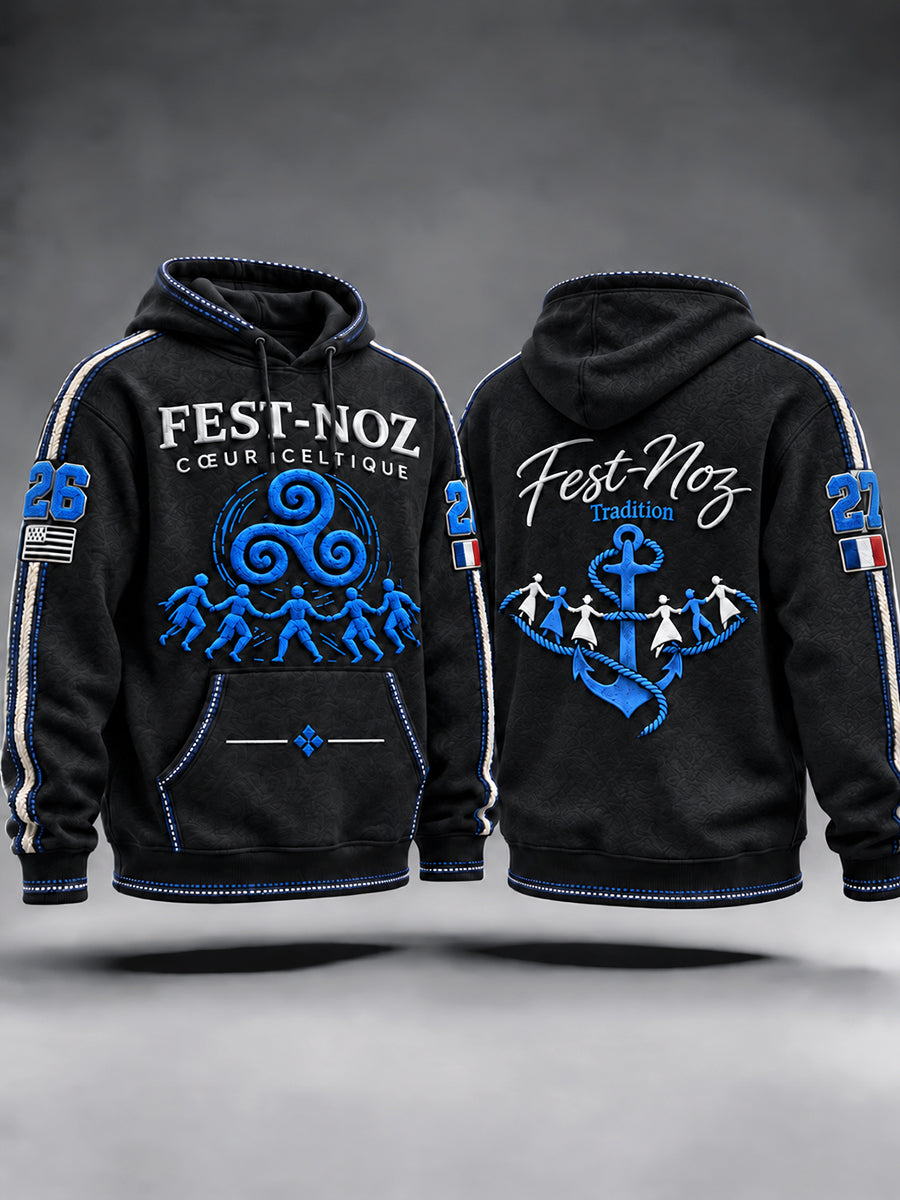 Sweat Homme Noir Breton Français Imprimé Fest-Noz Décontracté