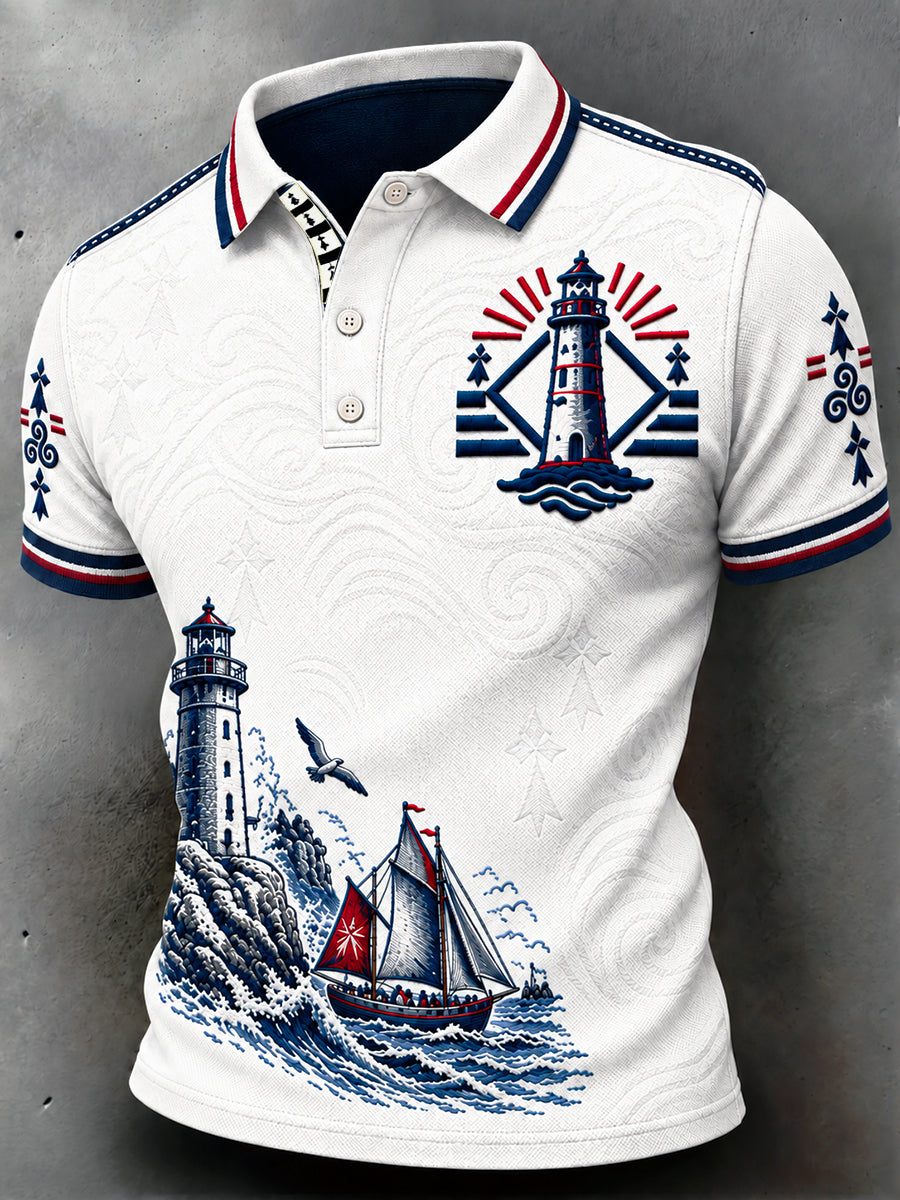 Polo décontracté blanc pour homme, imprimé Fest-Noz de style breton