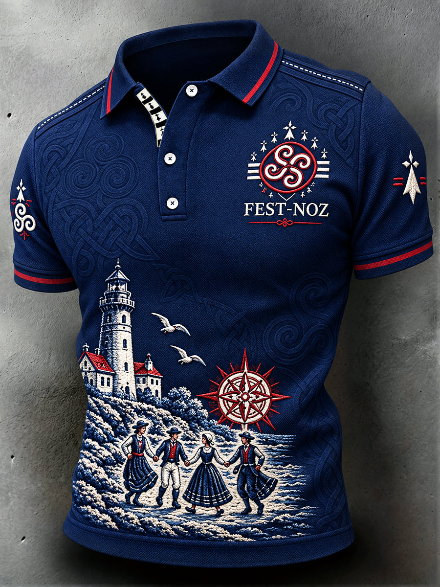Polo Décontracté Homme Bleu Foncé French Brittany Fest-Noz-inspiré Imprimé