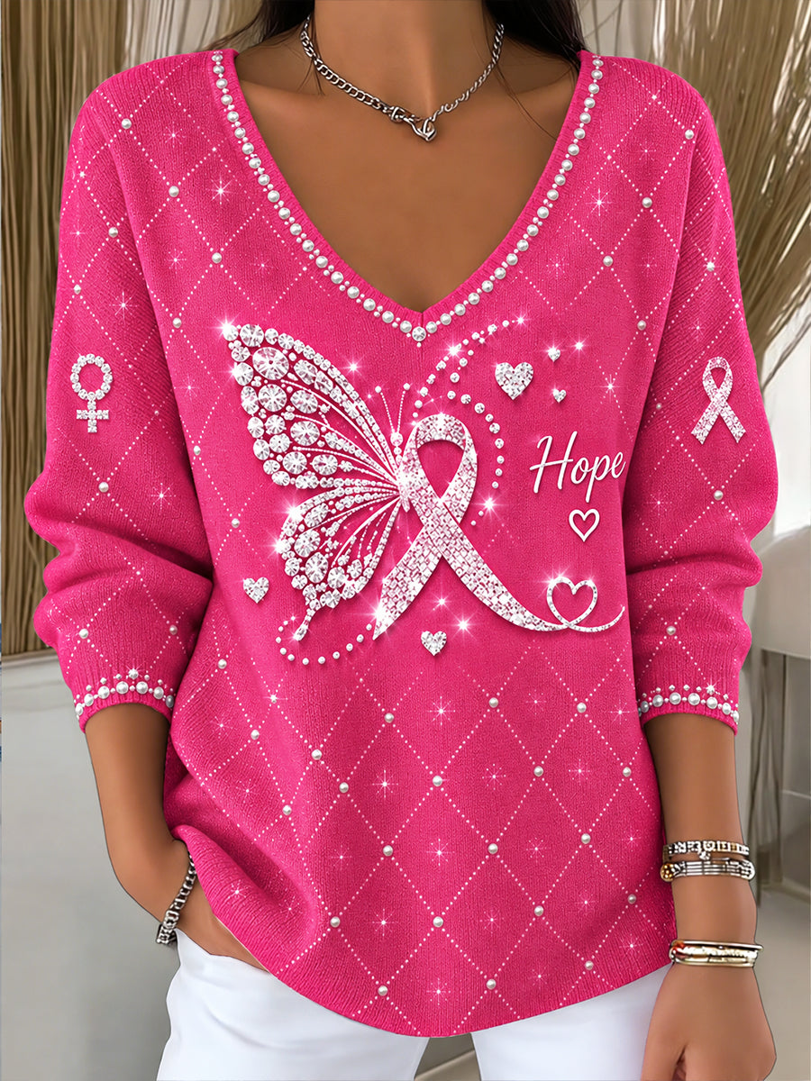 Pull Femme Rose à Col en V Décontracté à Imprimé Papillon Français Cancer Du Sein